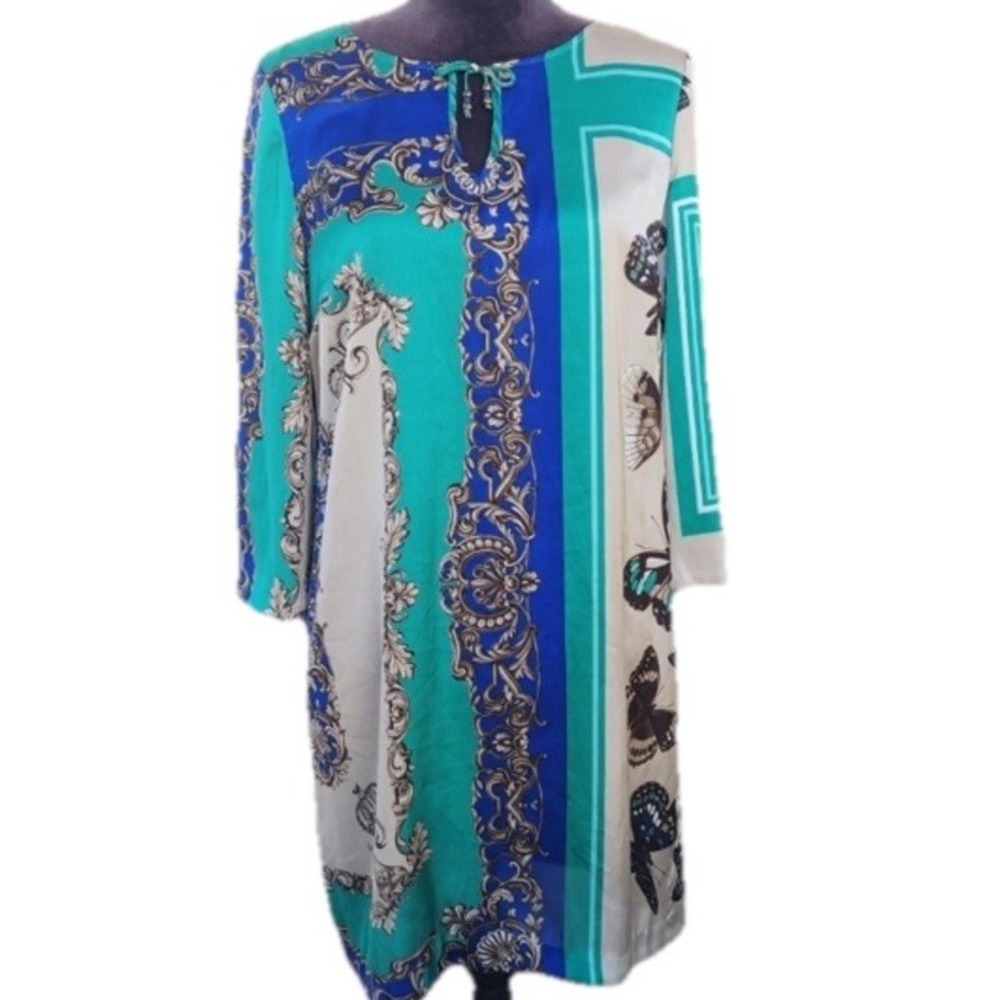 Vtg Cache Satin Tunic Shift Dress S Butterfly Floral Boho Baroque Silky Vibrant